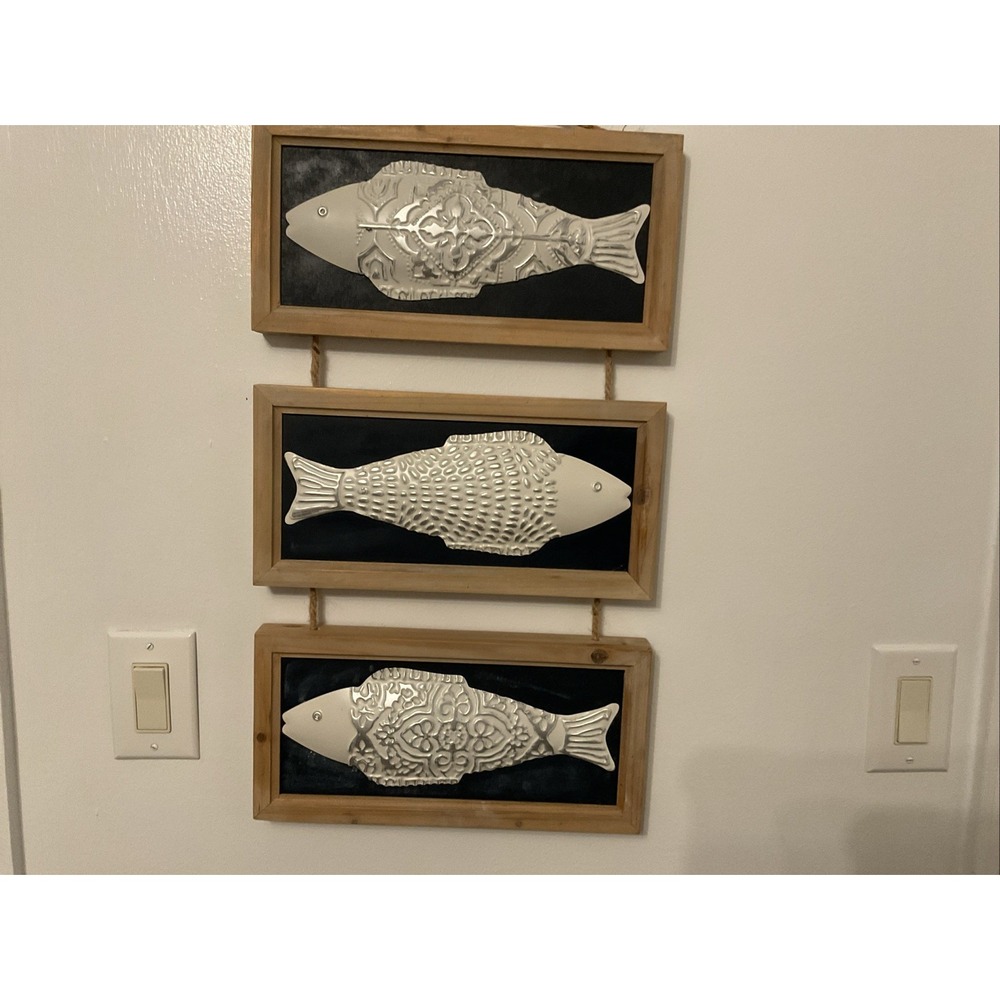 Place & Time School of Three Fish Wall Art Wood Metal Rustic Cabin Decor